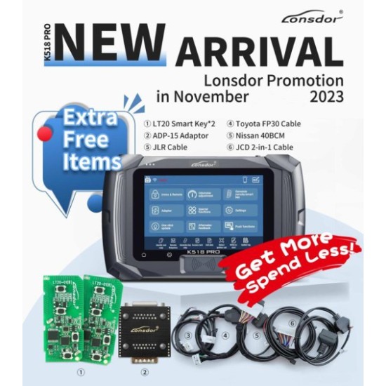 2023 Lonsdor K518 PRO Full Version All In One Key Programmer with 2pcs LT20, Toyota FP30 Cable, Nissan 40 BCM Cable, JCD, JLR and ADP Adapter 2023 Lonsdor K518 PRO Full Version All In One Key Programmer with 2pcs LT20, Toyota FP30 Cable, Nissan 40 BCM Cable, JCD, JLR and ADP Adapter
